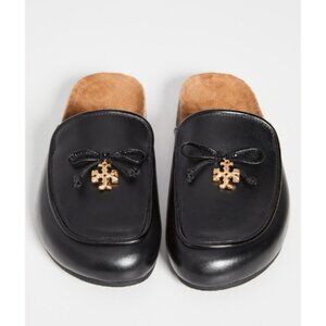 Tory Burch Charm Mules Flat Slip-on Black Genuine Leather Natural Cork US Size 7